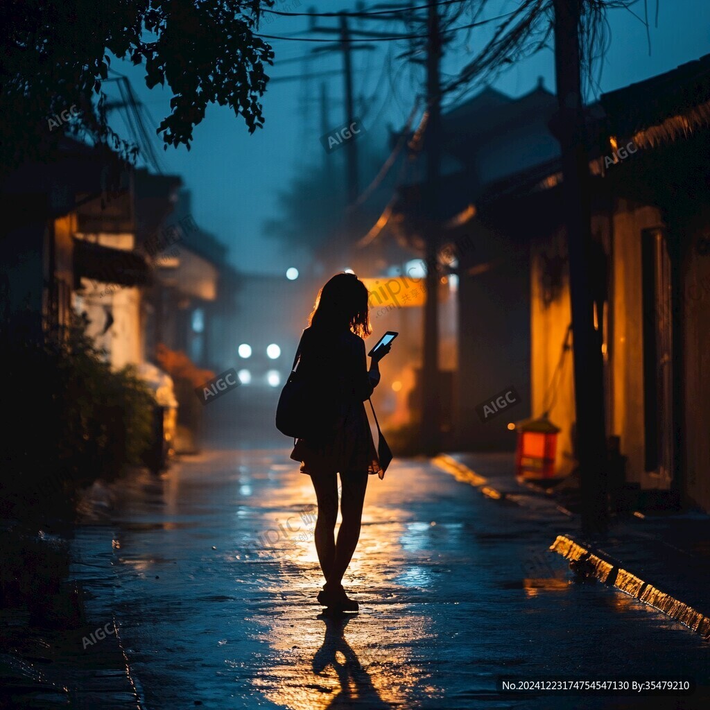 夜雨趕路的女人