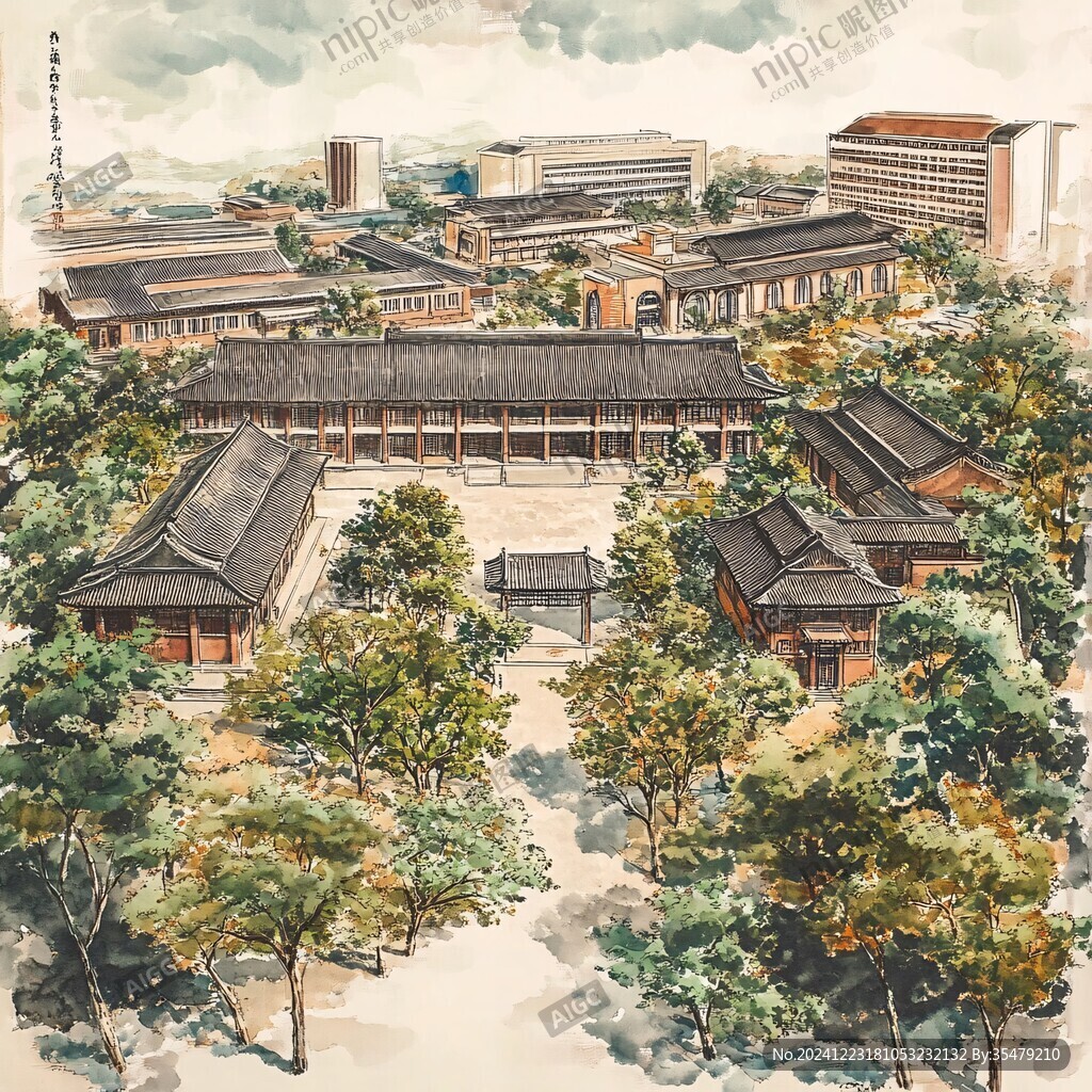 西北大學建筑旅游水彩