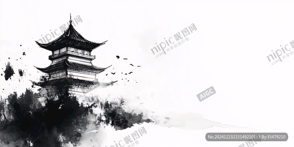 水墨建筑插畫背景