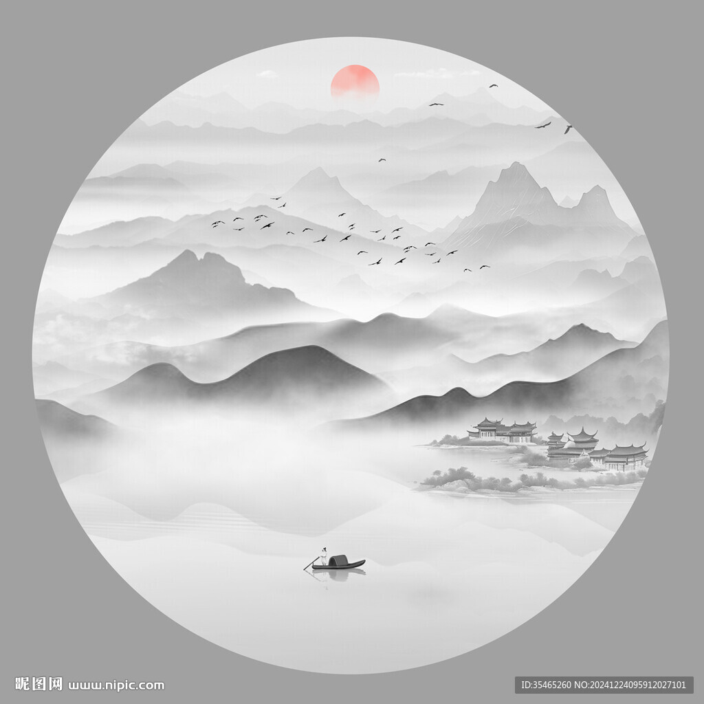 圓形水墨山水畫(huà)
