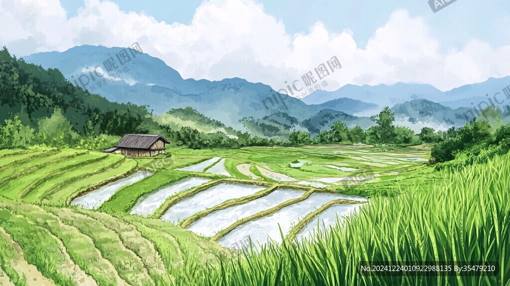 水稻梯田插畫