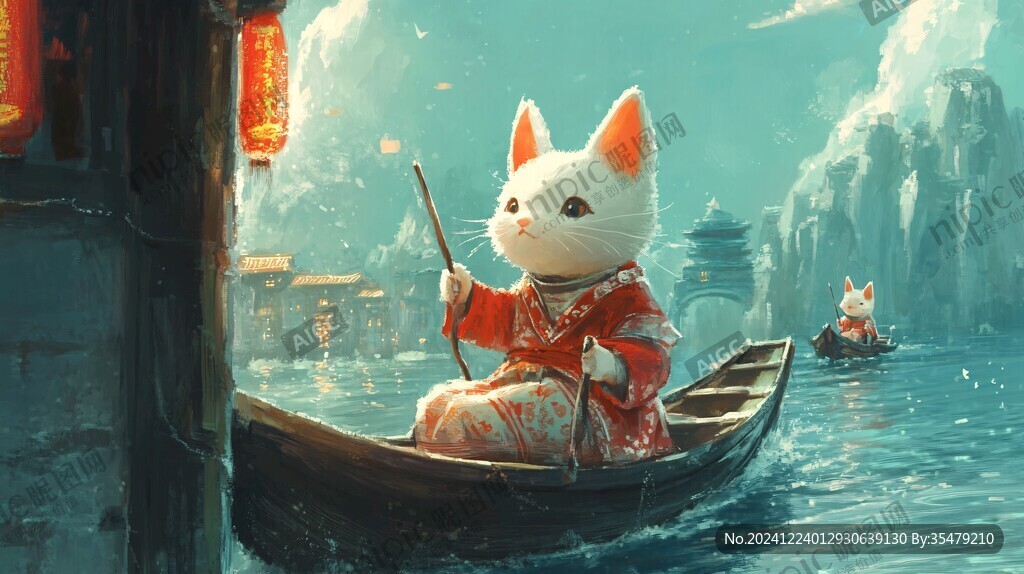 貓咪劃船插畫