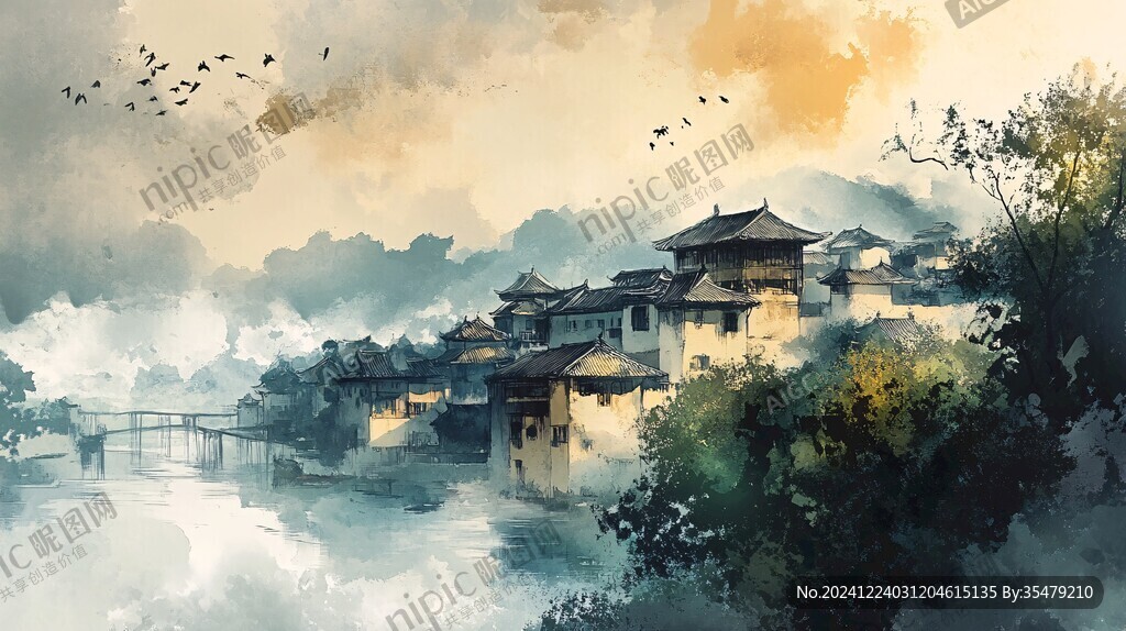 橫店水彩水墨山水