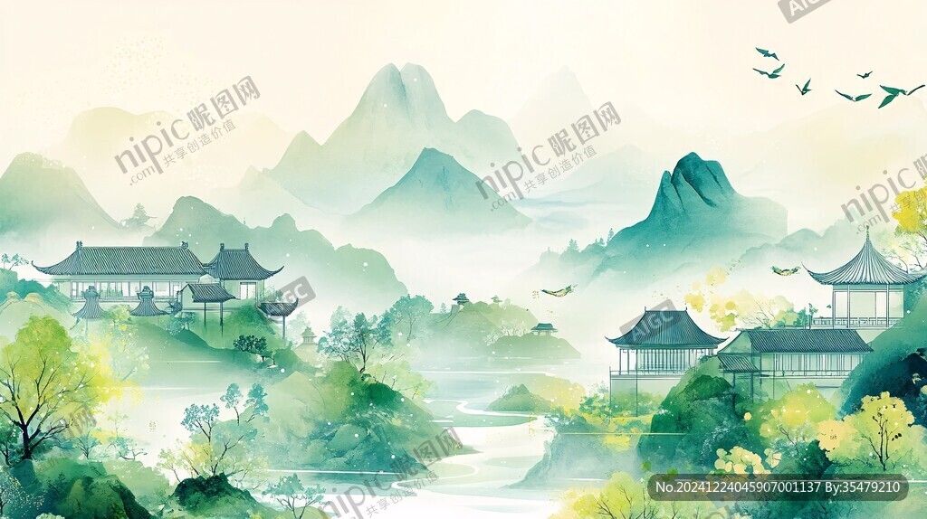 新中式包裝風景插畫