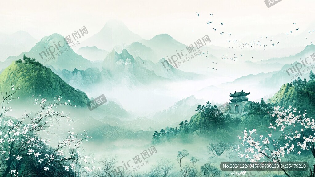 仙鶴樓閣古風(fēng)山水畫