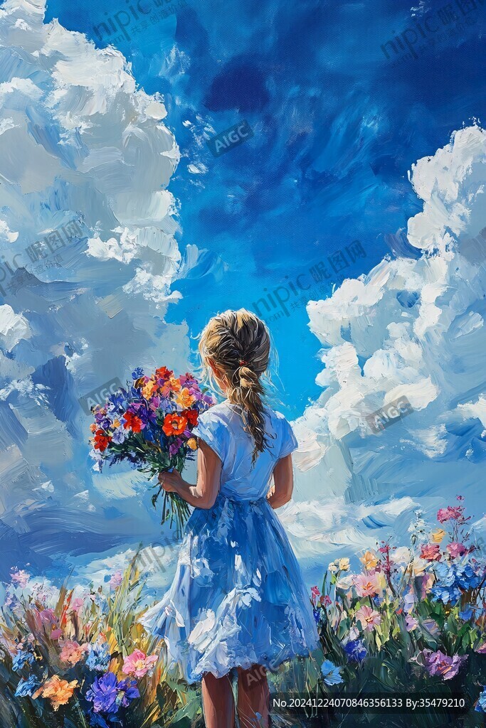 捧花藍的女孩插畫