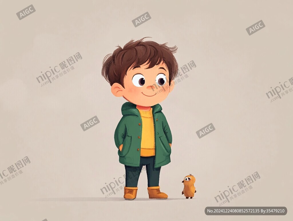 小孩牽狗插畫
