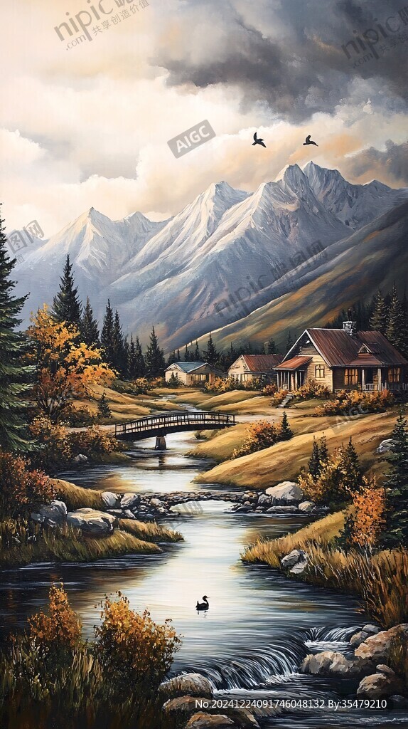 山水秋景油畫