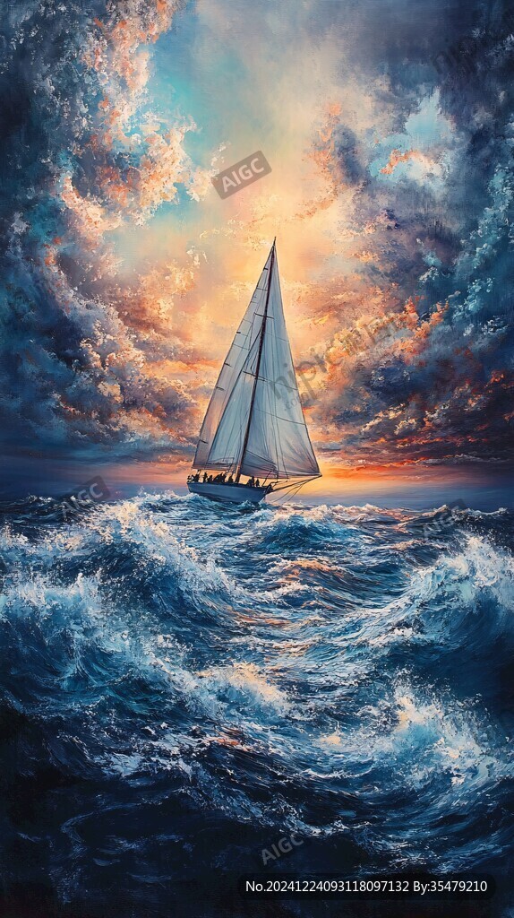 揚帆踏浪油畫