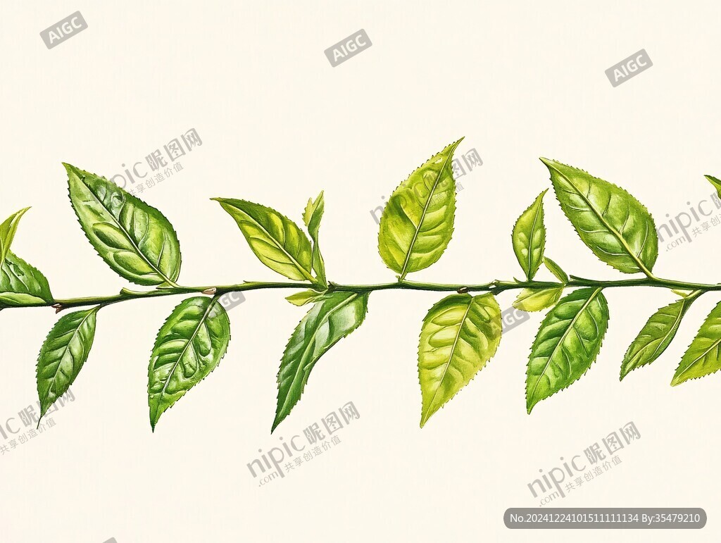 手繪茶葉芽嫩枝