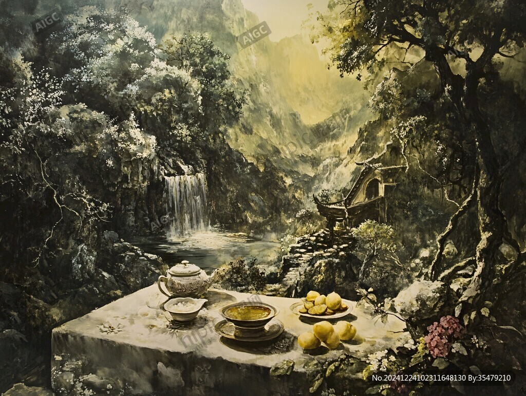 茶館場景油畫