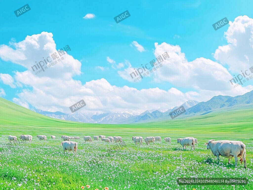 藍天白云綠草地羊群