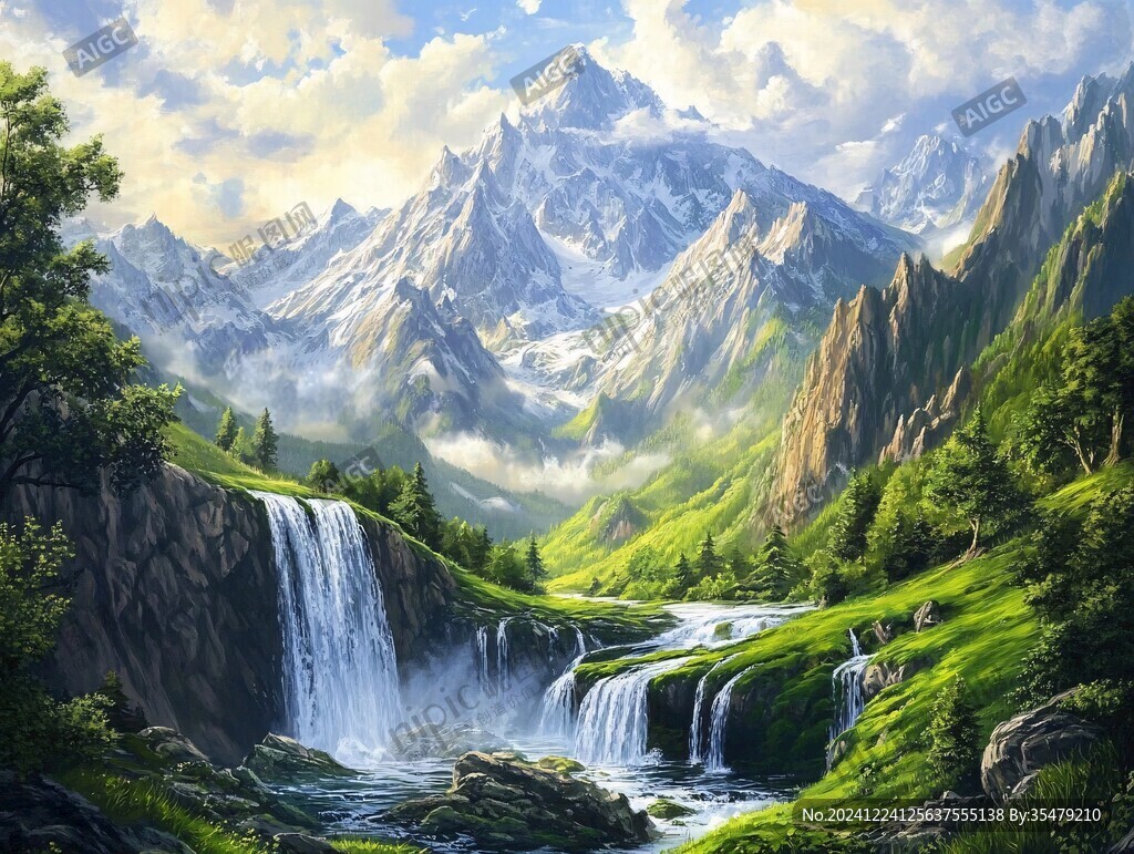 山水風景油畫瀑布