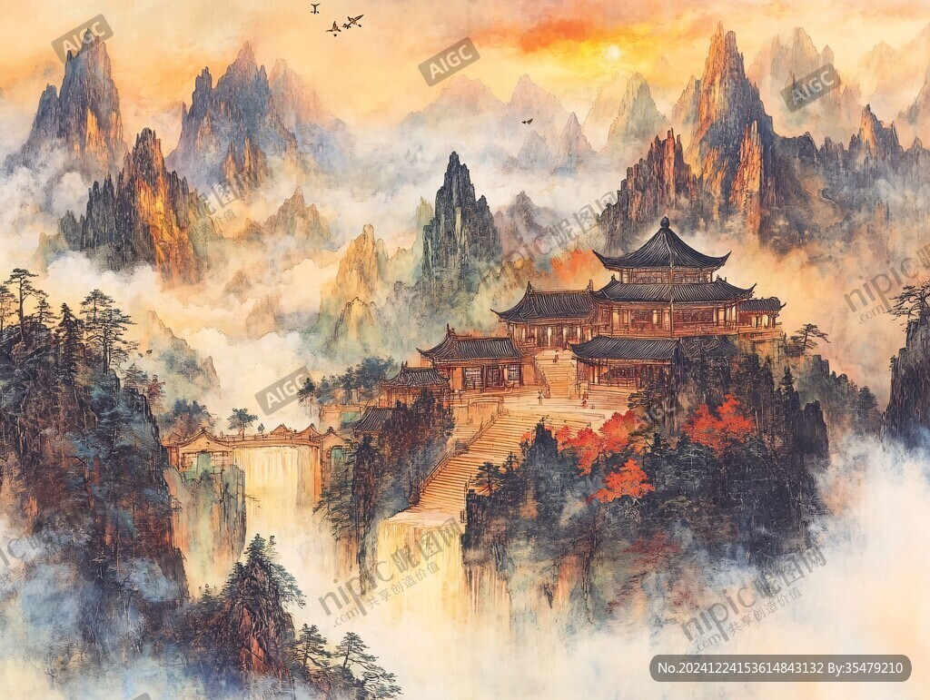 旭日東升樓閣山水畫(huà)