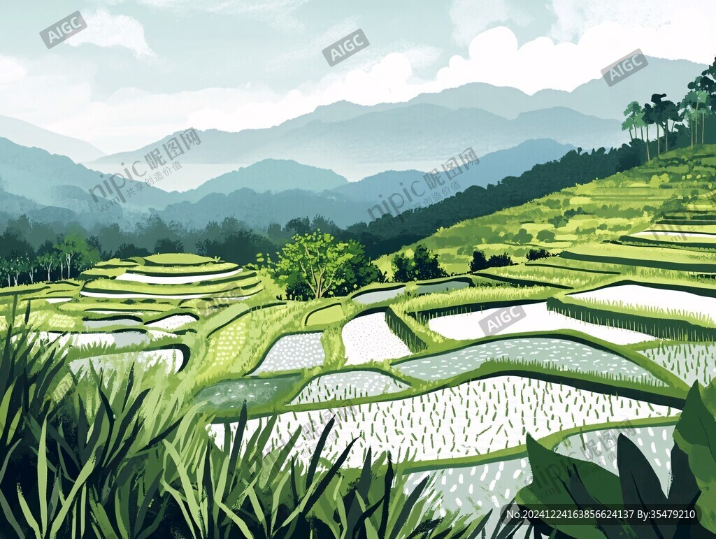 水稻梯田插畫