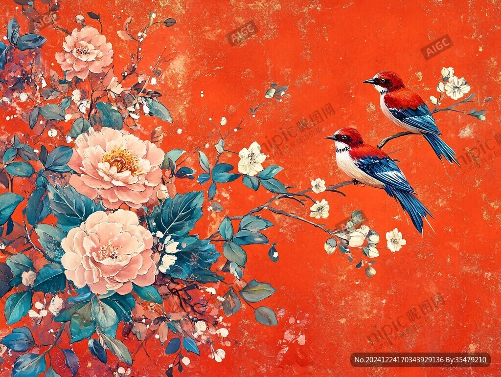 牡丹喜鵲圖插畫