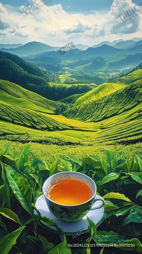 山水畫茶樹茶杯茶園