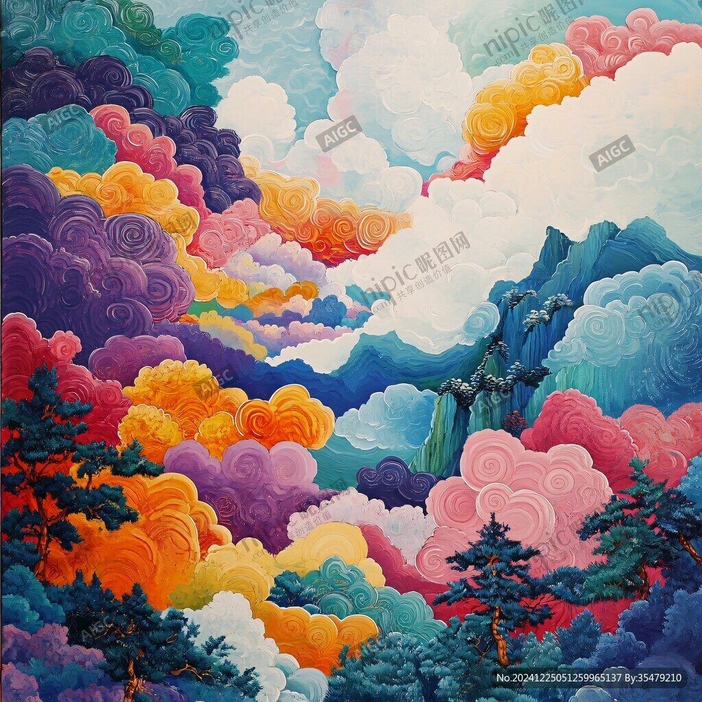 彩色云水浮雕