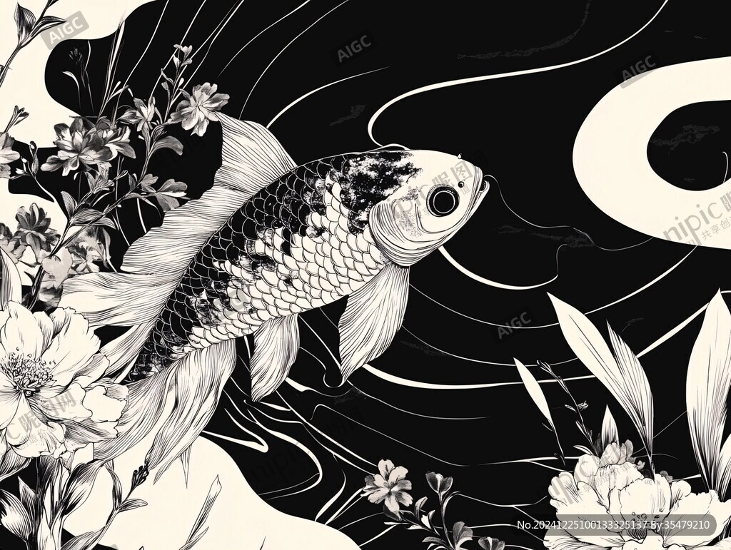 黑白手繪鯉魚