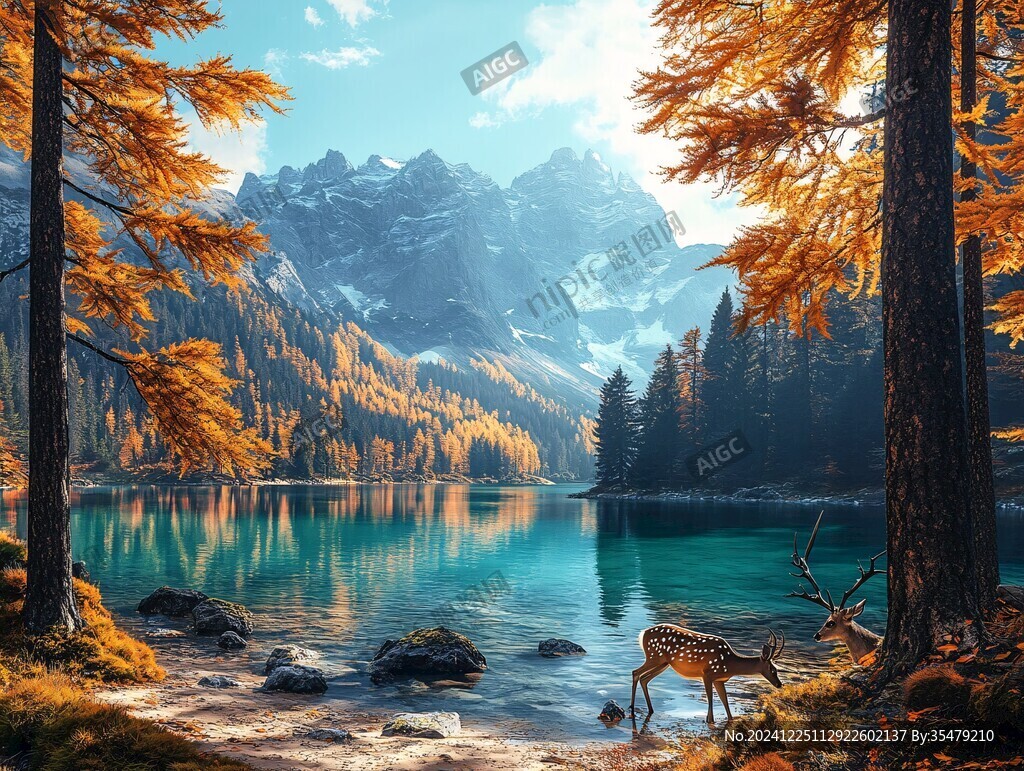 禪境山峰湖泊河流鹿樹