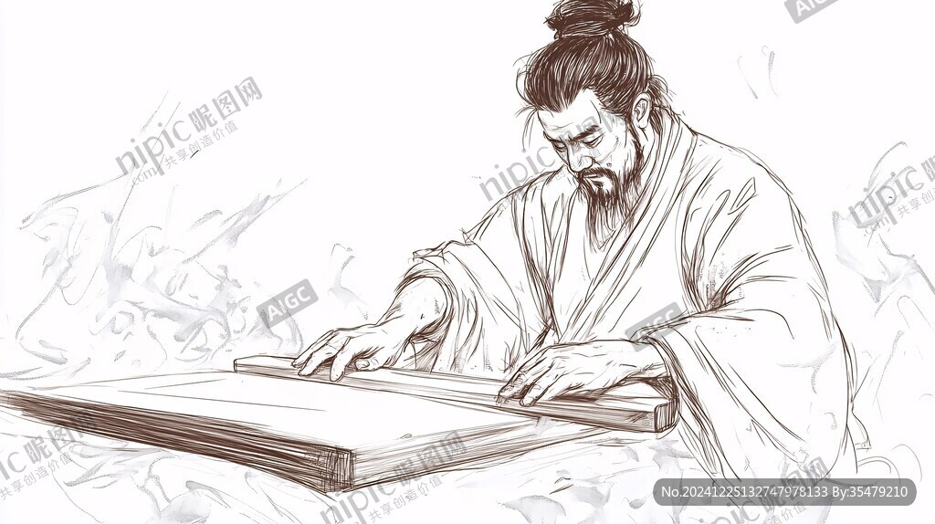 彈古琴的古風人物插畫