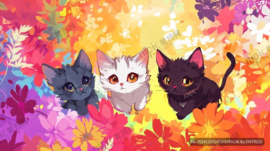 花叢邊的貓咪插畫