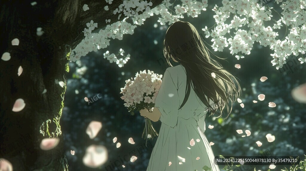 櫻花樹下的少女