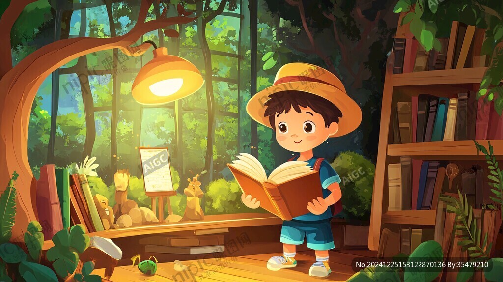 卡通讀書場景