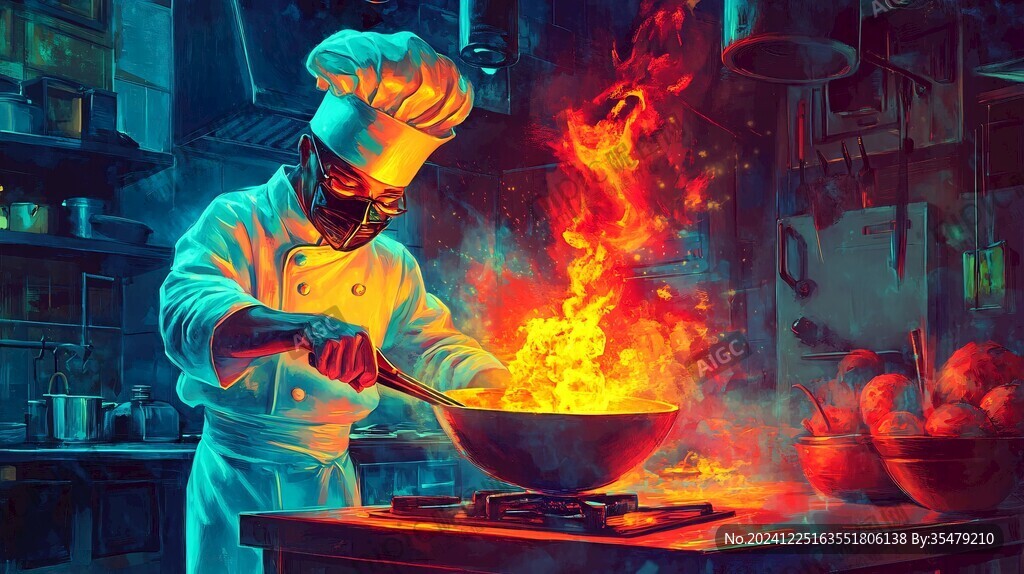 正在炒菜的鯊魚廚師