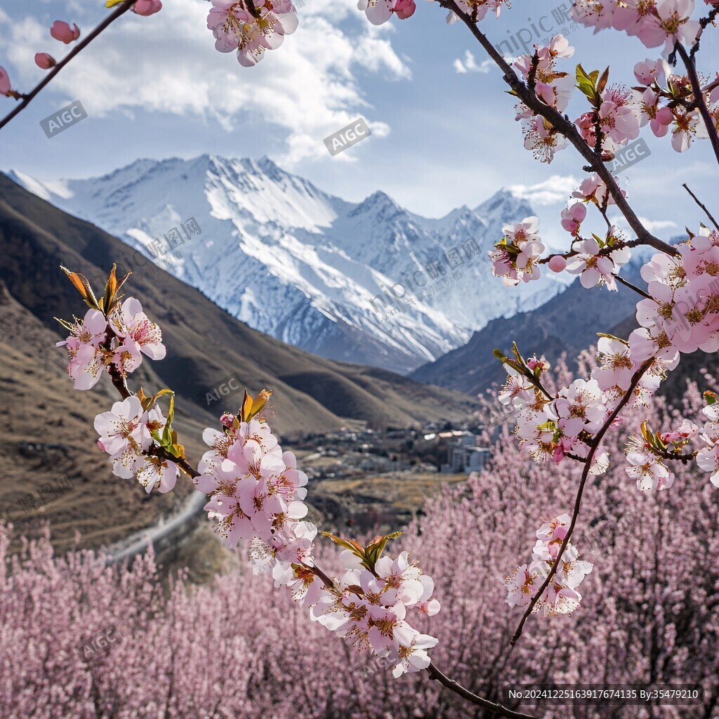 雪山田園桃花