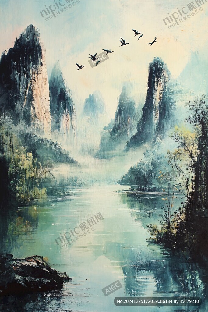 山水畫油畫手繪風(fēng)景
