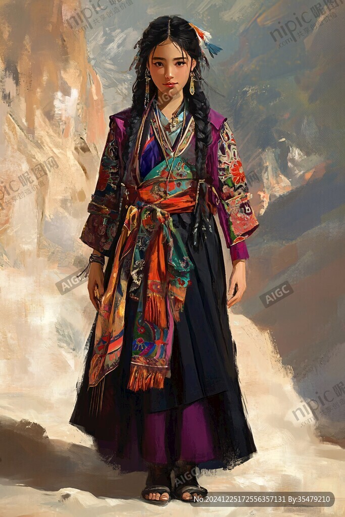 手繪門巴族少女