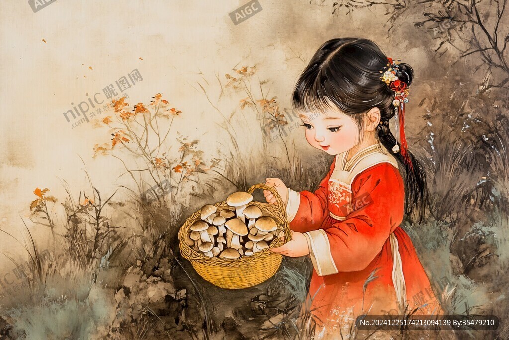 抱香菇的小女孩