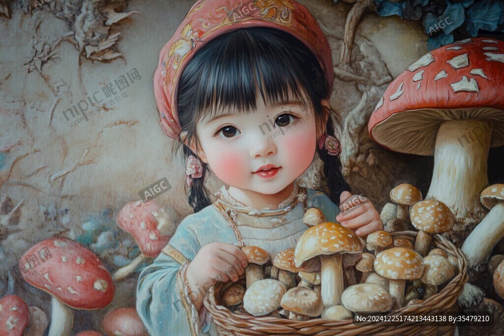抱香菇的小女孩
