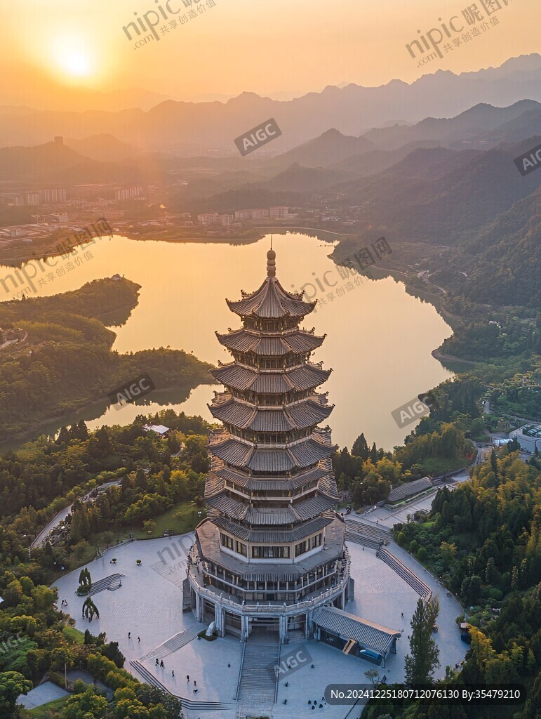 清晨陽光照耀龍峰塔