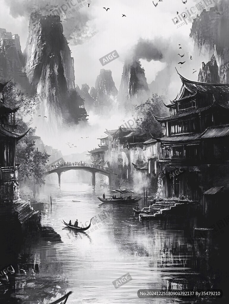 煙雨江南古風山水插畫
