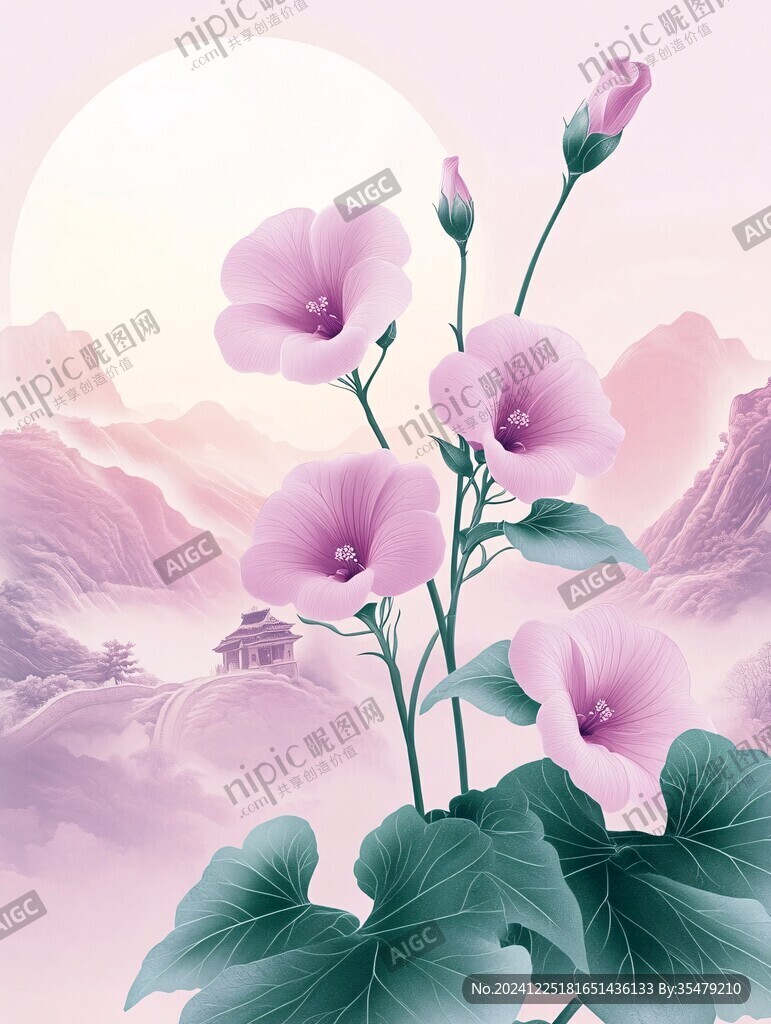 禪意山水手繪花卉