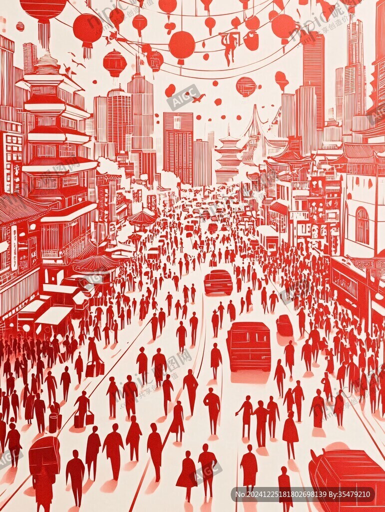 街道上熙熙攘攘的人群插畫