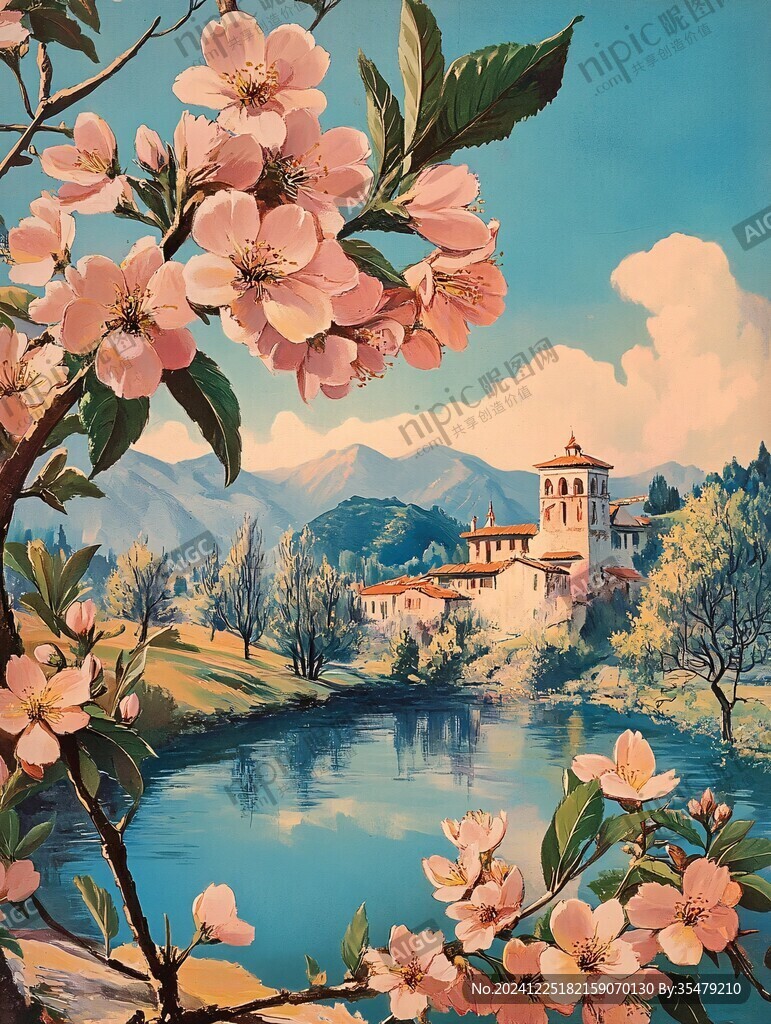 桃花風(fēng)景油畫