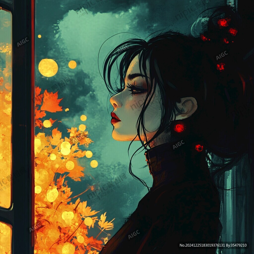 美人倚窗插畫