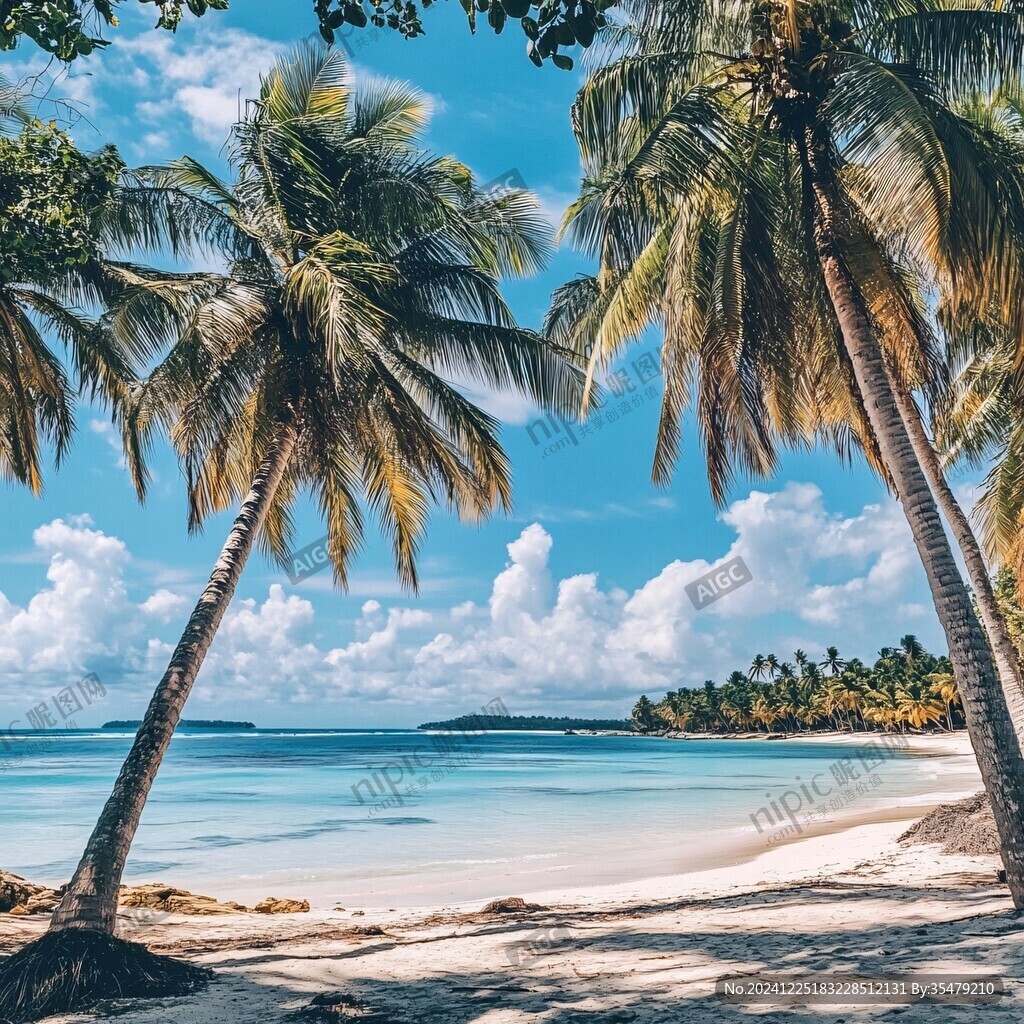 椰林海濱大海樹木