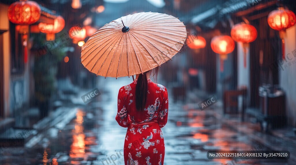撐傘紅衣背影