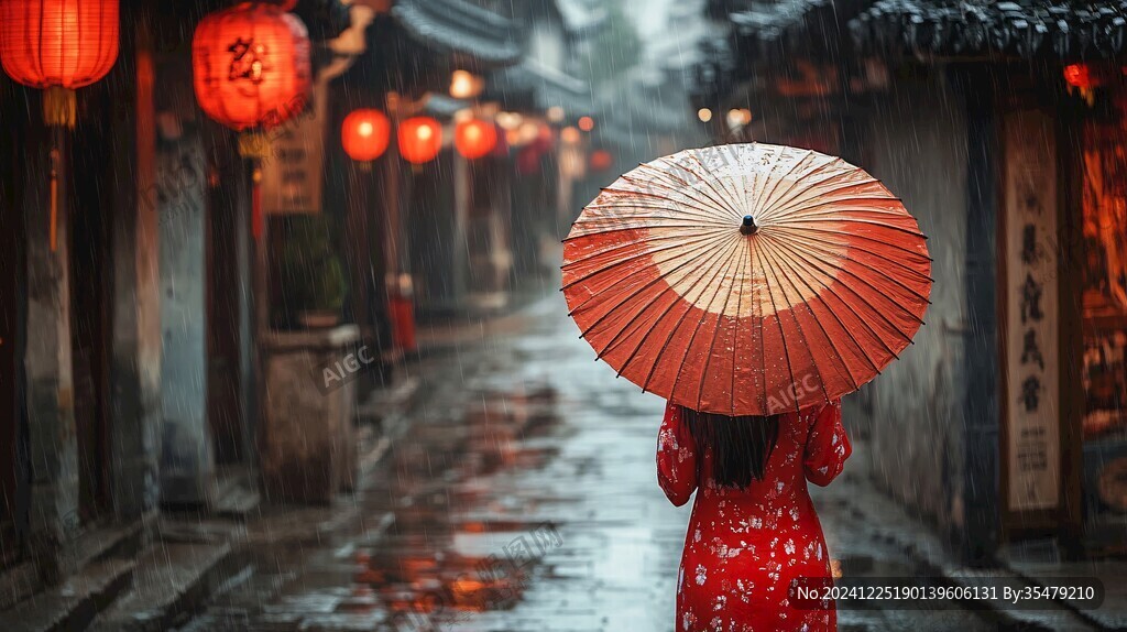 撐傘紅衣背影