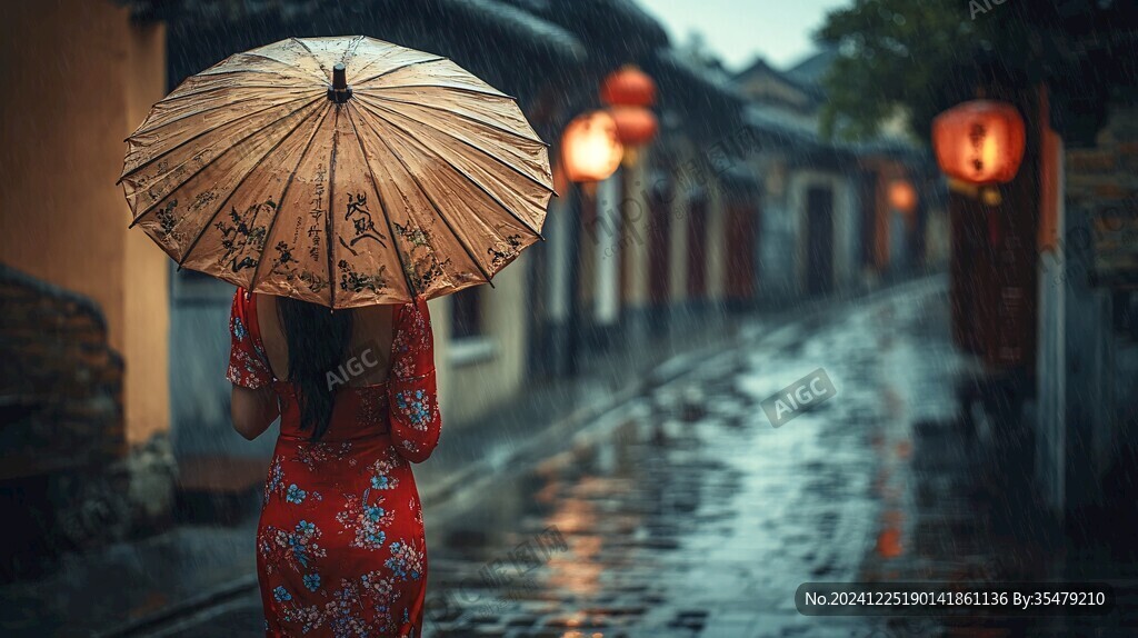 撐傘紅衣背影