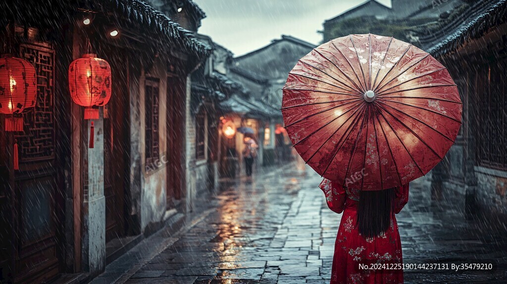 撐傘紅衣背影