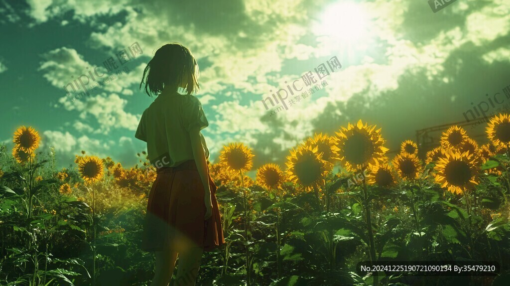 向日葵花叢中的少女