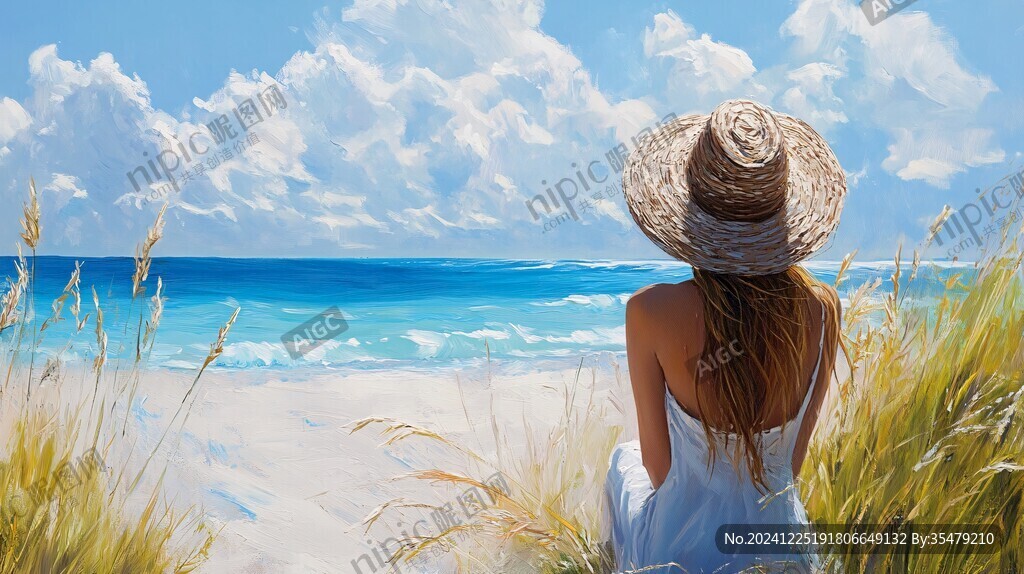 夏天看海美女背影插畫