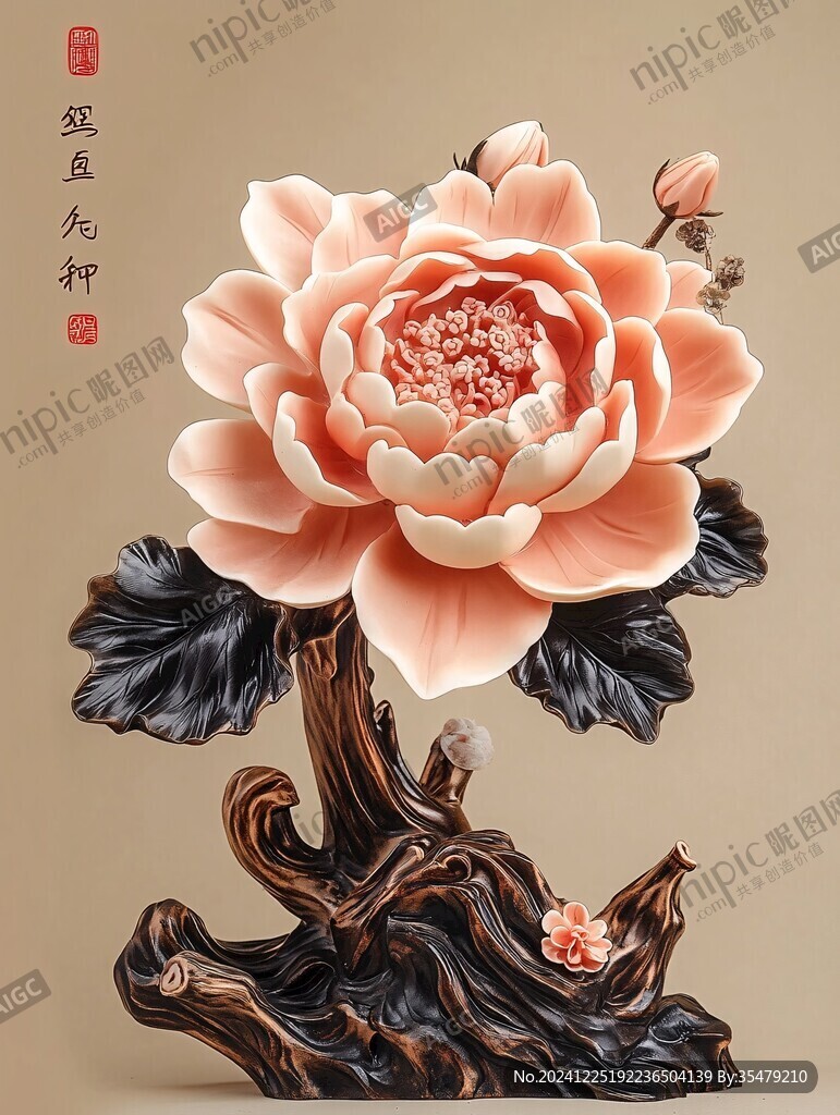 3d浮雕金屬牡丹花
