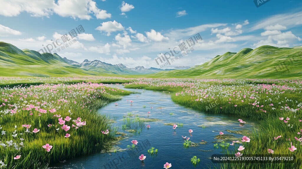 夏季草原野花河流