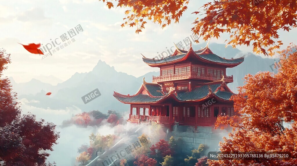 樓閣古風(fēng)仙鹿仙景